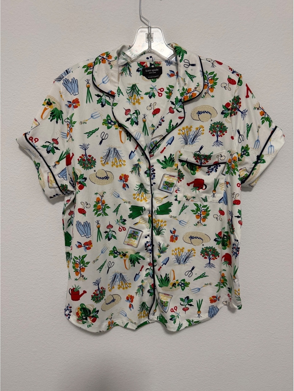 Kate Spade Short Sleeve Collared Button Front Gardening Print Sleep Shirt Size M